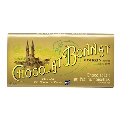[170105] Milchschokolade mit Haselnuss-Praliné von Bonnat 100g Tafel